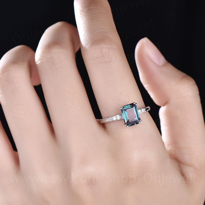 Vintage emerald cut Alexandrite engagement ring Alexandrite ring rose gold for women five stone unique ring Alexandrite jewelry bridal ring