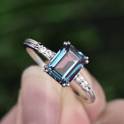 Vintage emerald cut Alexandrite engagement ring Alexandrite ring rose gold for women five stone unique ring Alexandrite jewelry bridal ring
