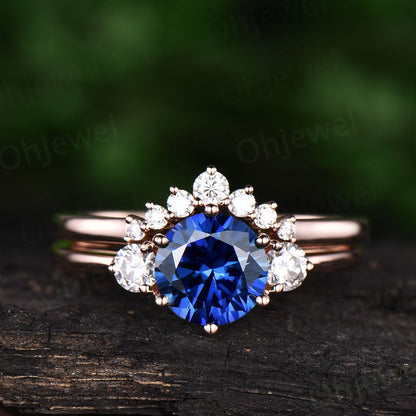 Vintage unique three stone engagement ring 2pcs sapphire engagement ring white gold V crown moissanite ring set birthday wedding bridal gift