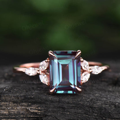 Unique emerald cut Alexandrite engagement ring rose gold flower ring art deco dainty moissanite ring for women vintage promise wedding ring