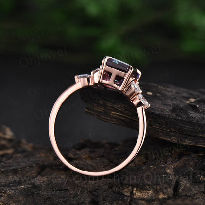Unique emerald cut Alexandrite engagement ring rose gold flower ring art deco dainty moissanite ring for women vintage promise wedding ring