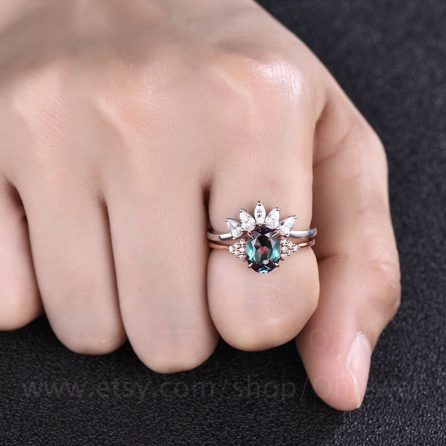 Alexandrite engagement ring five stone Alexandrite ring set vintage rose gold for women marquise pear shaped moissanite wedding ring band
