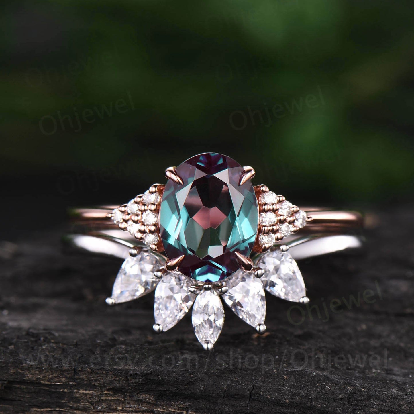 Alexandrite engagement ring five stone Alexandrite ring set vintage rose gold for women marquise pear shaped moissanite wedding ring band
