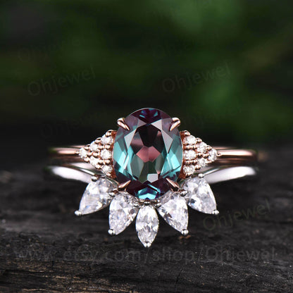 Alexandrite engagement ring five stone Alexandrite ring set vintage rose gold for women marquise pear shaped moissanite wedding ring band
