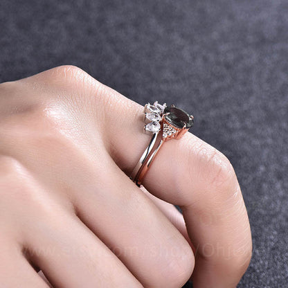 Vintage black rutilated quartz engagement ring set rose gold pear marquise moissanite ring for women unique brial ring set jewelry gift