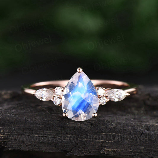 Pear shaped moonstone ring vintage moonstone engagement ring unique moissanite ring for women rose gold ring June birthstone jewelry gift