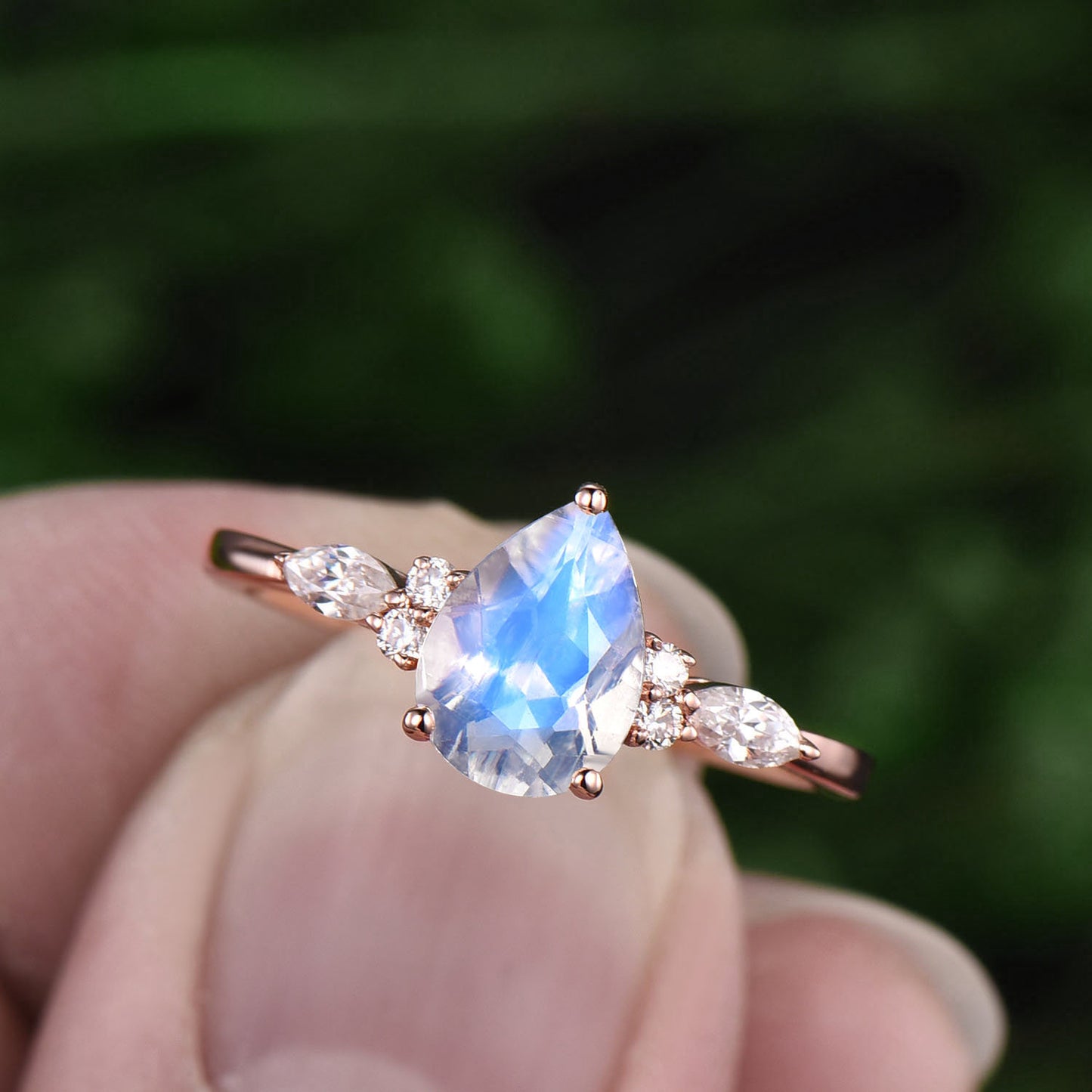 Pear shaped moonstone ring vintage moonstone engagement ring unique moissanite ring for women rose gold ring June birthstone jewelry gift