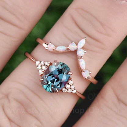 2pcs Alexandrite engagement ring set vintage opal ring for women rose gold diamond ring opal wedding band June birthstone ring jewelry gift