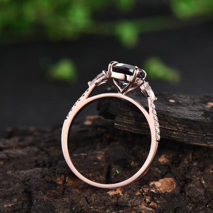 Vintage round shaped black rutilated quartz engagement ring rose gold pear moissanite ring for women unique bridal anniversary ring gift