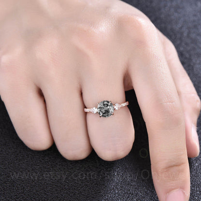 Vintage round shaped black rutilated quartz engagement ring rose gold pear moissanite ring for women unique bridal anniversary ring gift