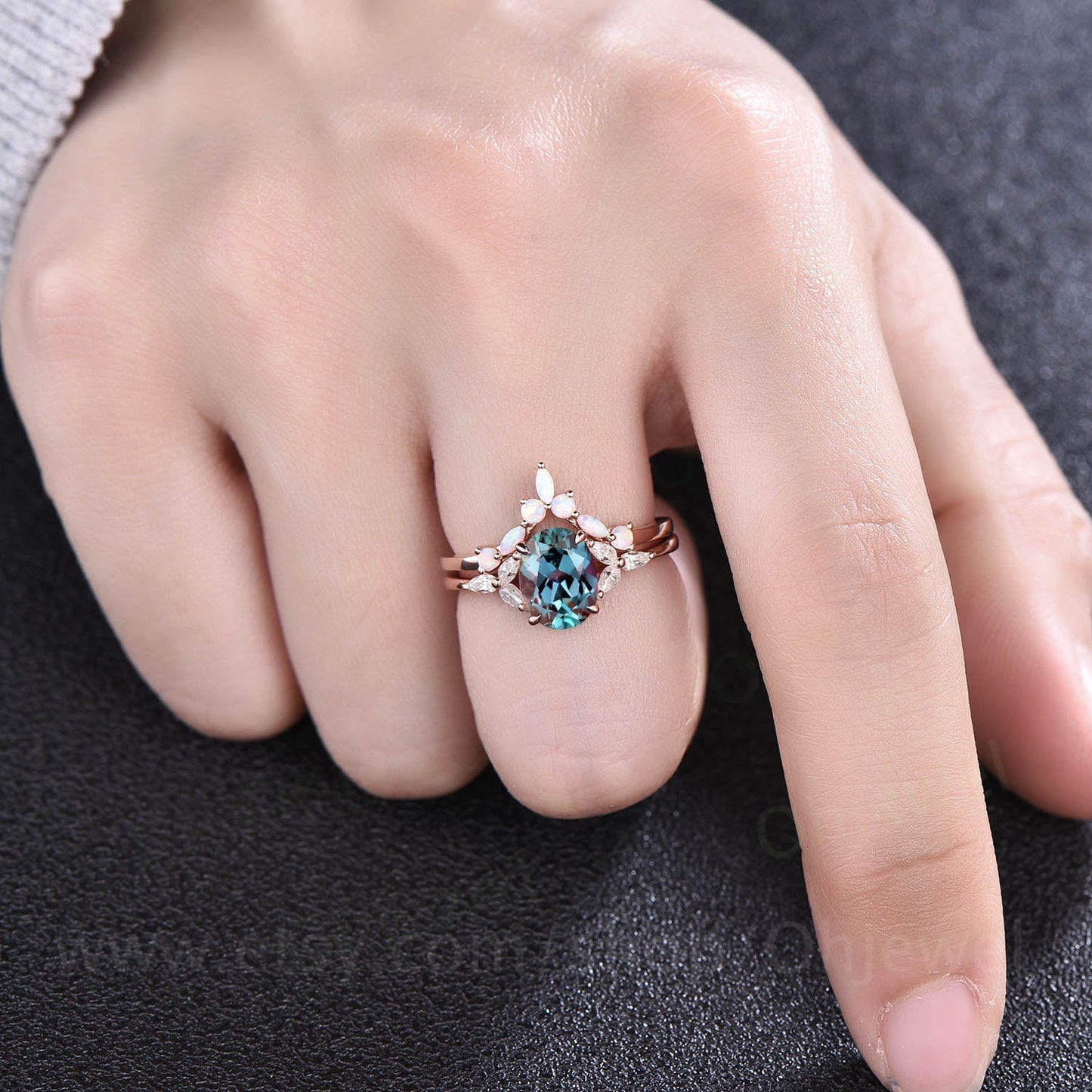 Oval shaped Alexandrite engagement ring set vintage marquise opal ring pear shaped moissanite ring for women unique bridal set jewelry gift