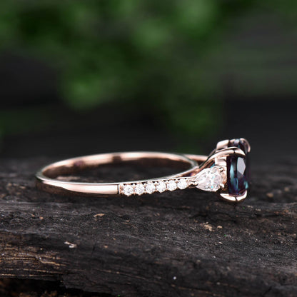Round Alexandrite engagement ring for women vintage unique best engagement ring pear moissanite ring rose gold half eternity diamond ring