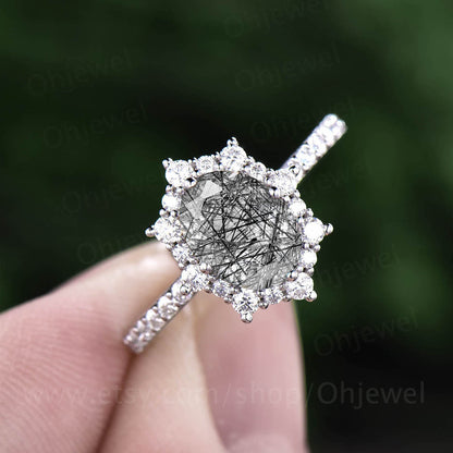 Vintage black rutilated quartz engagement ring moissanite unique best engagement ring rose gold ring for women dainty jewelry promise ring