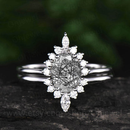Unique vintage engagement ring set oval black rutilated quartz engagement ring set art deco halo ring set promise ring set wedding ring set