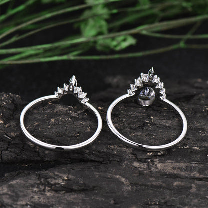 Unique vintage engagement ring set oval black rutilated quartz engagement ring set art deco halo ring set promise ring set wedding ring set