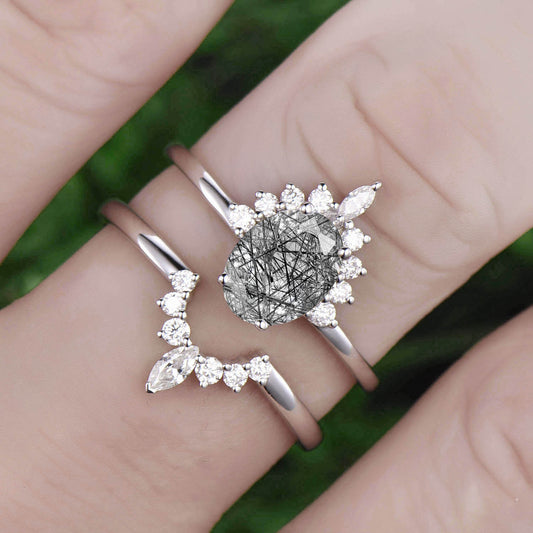 Unique vintage engagement ring set oval black rutilated quartz engagement ring set art deco halo ring set promise ring set wedding ring set