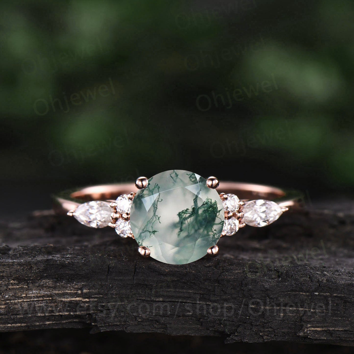 Round moss agate ring vintage moss agate engagement ring 7 stone moissanite ring rose gold ring women art deco dainty jewelry promise ring