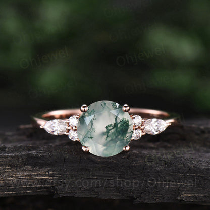 Round moss agate ring vintage moss agate engagement ring 7 stone moissanite ring rose gold ring women art deco dainty jewelry promise ring