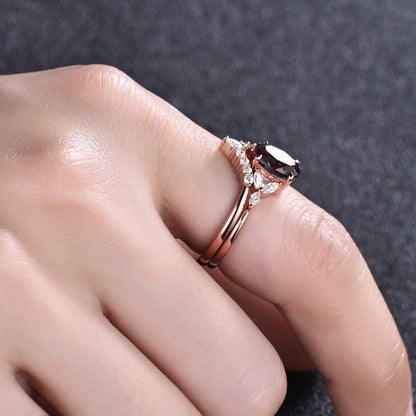 Vintage art deco engagement ring set oval black rutilated quartz engagement ring set rose gold ring set marquise moissanite ring set gift
