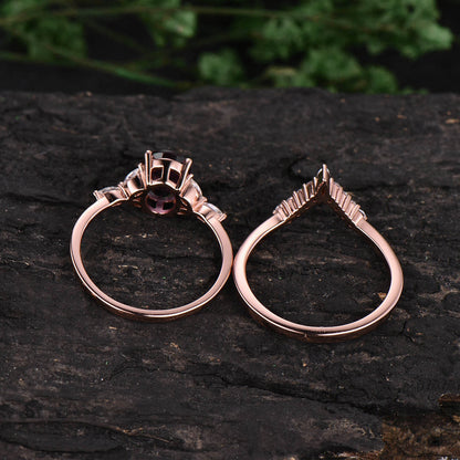 Vintage art deco engagement ring set oval black rutilated quartz engagement ring set rose gold ring set marquise moissanite ring set gift