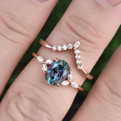 Oval Alexandrite ring set vintage Alexandrite engagement ring set unique moissanite ring set for women unique anniversary wedding bridal set