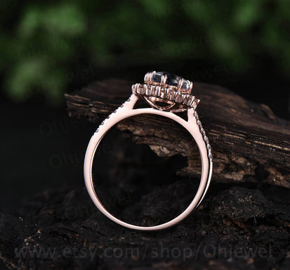 1ct moss agate ring for women vintage unique halo cluster moissanite ring moss agate engagement ring rose gold half eternity wedding ring