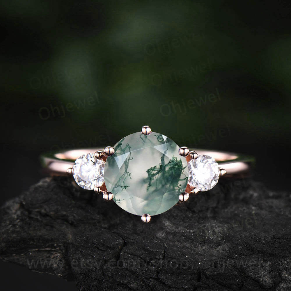 Three stone ring round moss agate ring vintage moss agate engagement ring moissanite ring rose gold for women jewelry dainty bridal ring