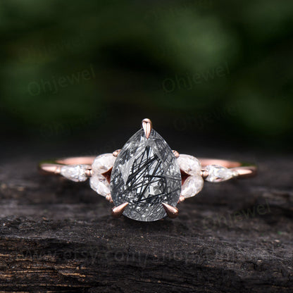 Vintage black rutilated quartz engagement ring pear shaped moissanite ring rose gold 7 stone ring for women antique jewelry bridal gift