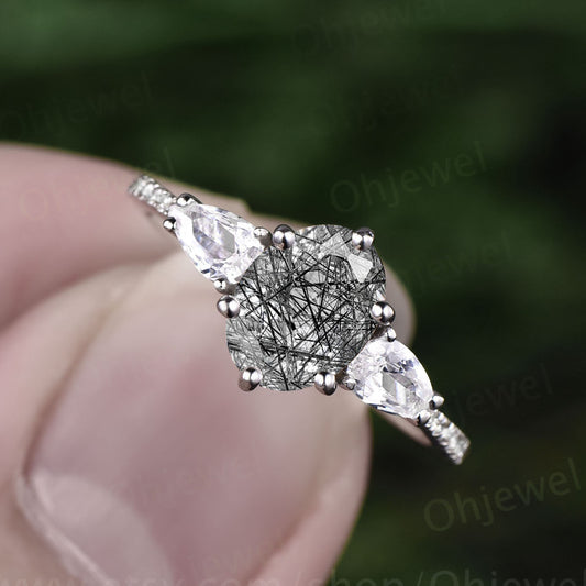 Vintage black rutilated quartz engagement ring pear shaped moissanite ring white gold eternity diamond ring for women black stone ring gift
