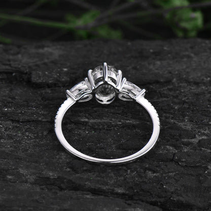 Vintage black rutilated quartz engagement ring pear shaped moissanite ring white gold eternity diamond ring for women black stone ring gift