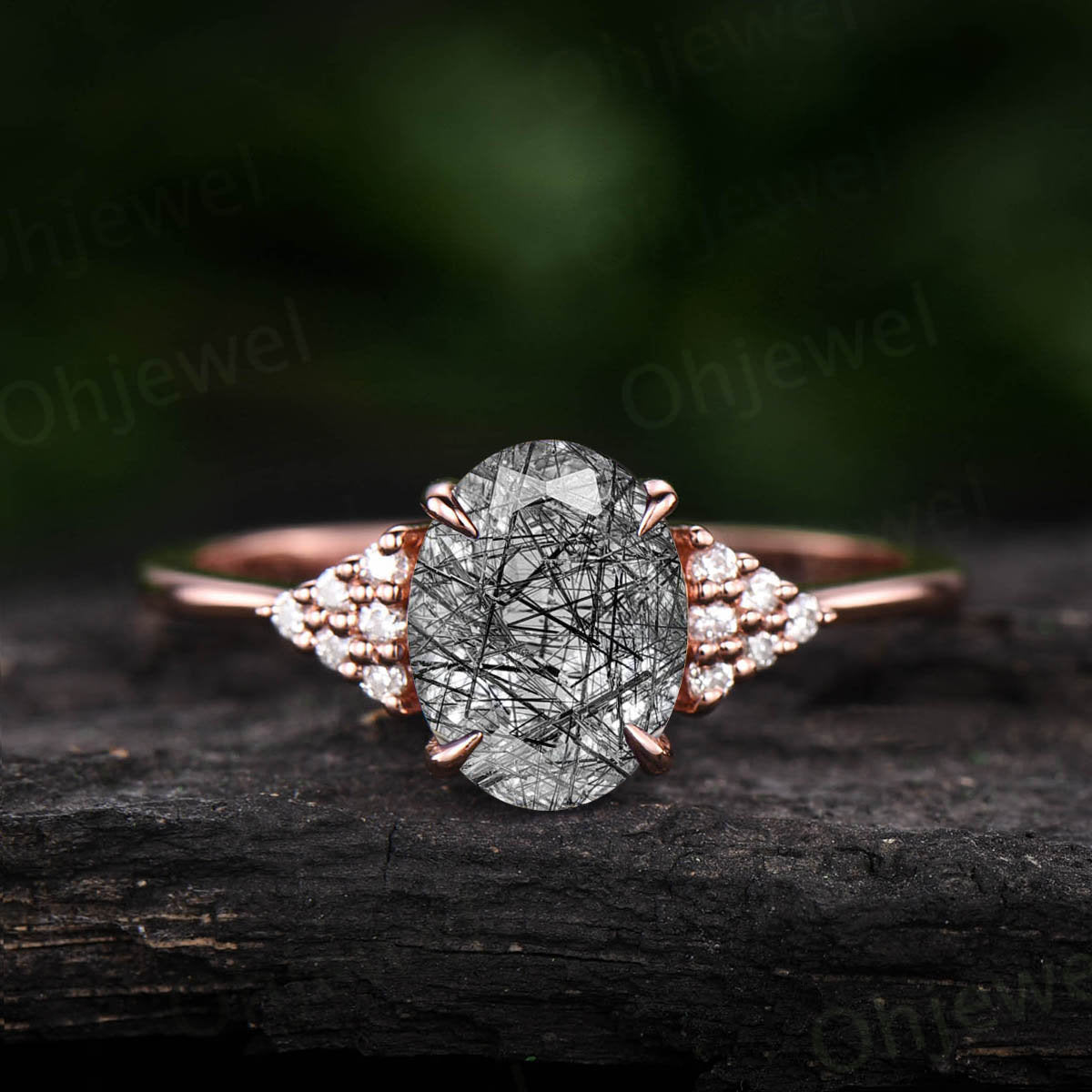 Vintage black rutilated quartz engagement ring solid rose ring real diamond ring women jewelry black stone ring bridal ring anniversary gift