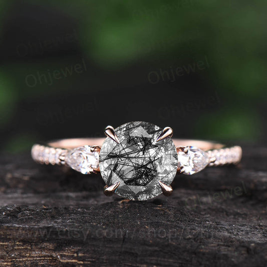 Vintage round shaped black rutilated quartz engagement ring rose gold pear moissanite ring for women unique bridal anniversary ring gift