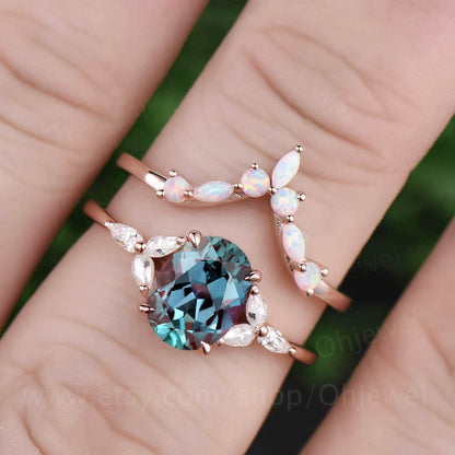 Oval shaped Alexandrite engagement ring set vintage marquise opal ring pear shaped moissanite ring for women unique bridal set jewelry gift