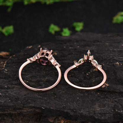 Oval shaped Alexandrite engagement ring set vintage marquise opal ring pear shaped moissanite ring for women unique bridal set jewelry gift