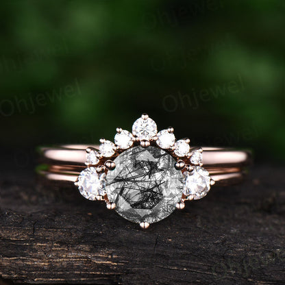 Vintage black rutilated quartz engagement ring set three stone ring moissanite ring for women antique rose gold ring bridal set jewelry gift