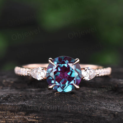 Round Alexandrite engagement ring for women vintage unique best engagement ring pear moissanite ring rose gold half eternity diamond ring