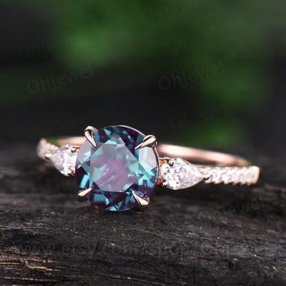 Round Alexandrite engagement ring for women vintage unique best engagement ring pear moissanite ring rose gold half eternity diamond ring