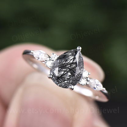 Pear black rutilated quartz engagement ring for women vintage marquise moissanite ring rose gold black stone ring anniversary wedding ring