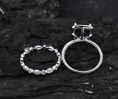 Emerald cut London blue topaz engagement ring set white gold ring moissanite halo ring full eternity topaz wedding band promise ring set