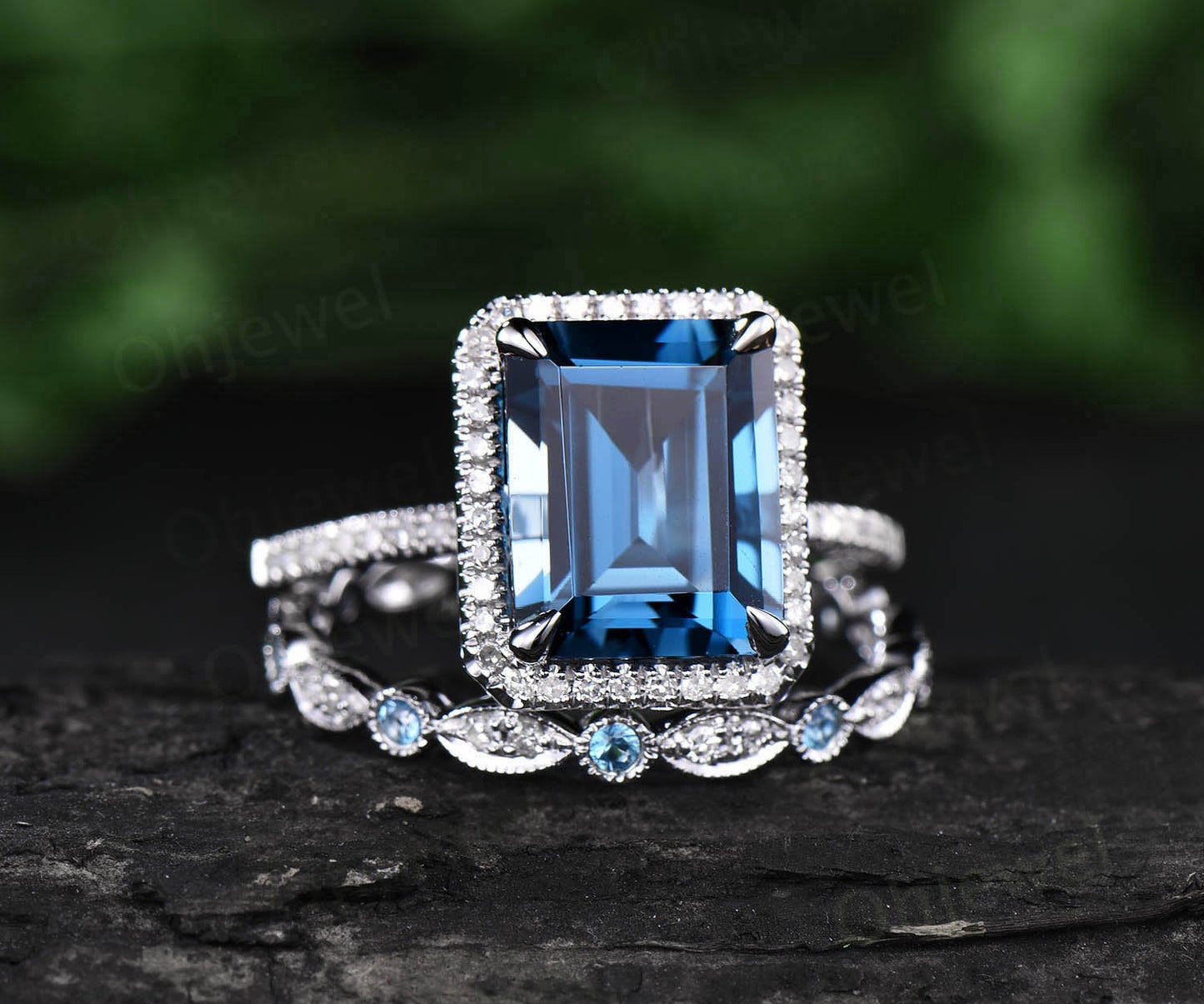 Emerald cut London blue topaz engagement ring set white gold ring moissanite halo ring full eternity topaz wedding band promise ring set