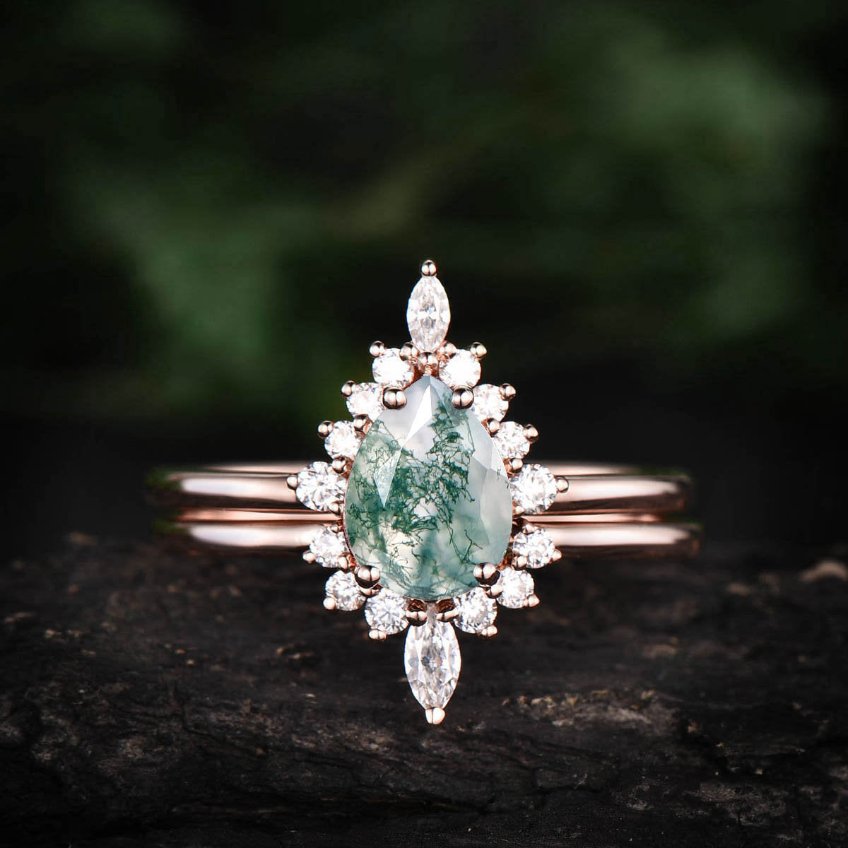 Pear shaped moss agate ring set vintage moss agate engagement ring set marquise moissanite ring set halo ring rose gold ring set for women