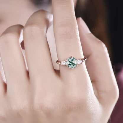 Round moss agate ring vintage moss agate engagement ring five stone ring rose gold ring for women pear moissanite ring unique bridal ring