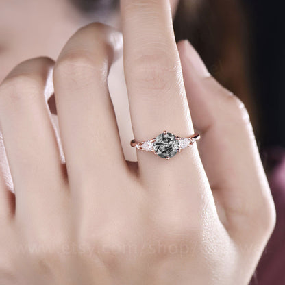 Vintage black rutilated quartz engagement ring five stone rose gold ring unique moissanite ring black stone ring wedding anniversary ring