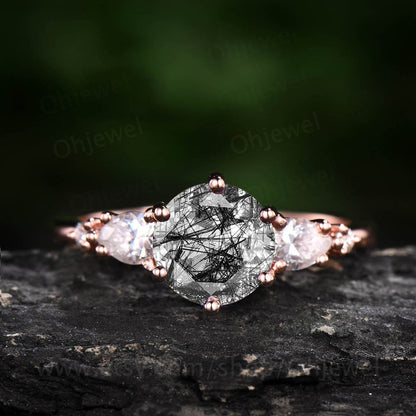 Vintage black rutilated quartz engagement ring five stone rose gold ring unique moissanite ring black stone ring wedding anniversary ring
