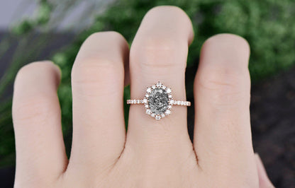 Vintage black rutilated quartz engagement ring moissanite unique best engagement ring rose gold ring for women dainty jewelry promise ring