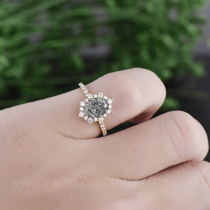 Vintage black rutilated quartz engagement ring moissanite unique best engagement ring rose gold ring for women dainty jewelry promise ring