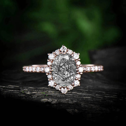 Vintage black rutilated quartz engagement ring moissanite unique best engagement ring rose gold ring for women dainty jewelry promise ring