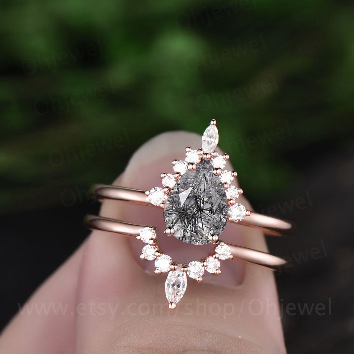 Pear black rutilated quartz engagement ring set rose gold ring set marquise moissanite ring set dainty jewelry unqiue bridal set rings gift