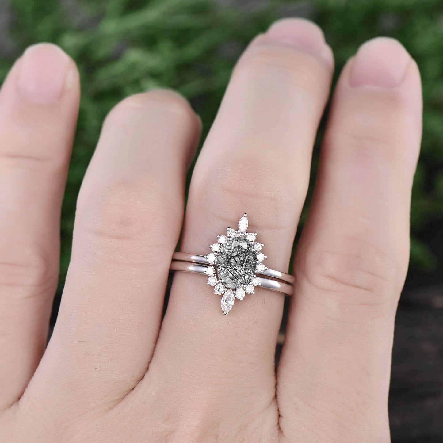 Unique vintage engagement ring set oval black rutilated quartz engagement ring set art deco halo ring set promise ring set wedding ring set