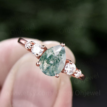Pear shaped moss agate engagement ring vintage rose gold ring for women moissanite five stone ring custom jewelry unique wedding ring gift